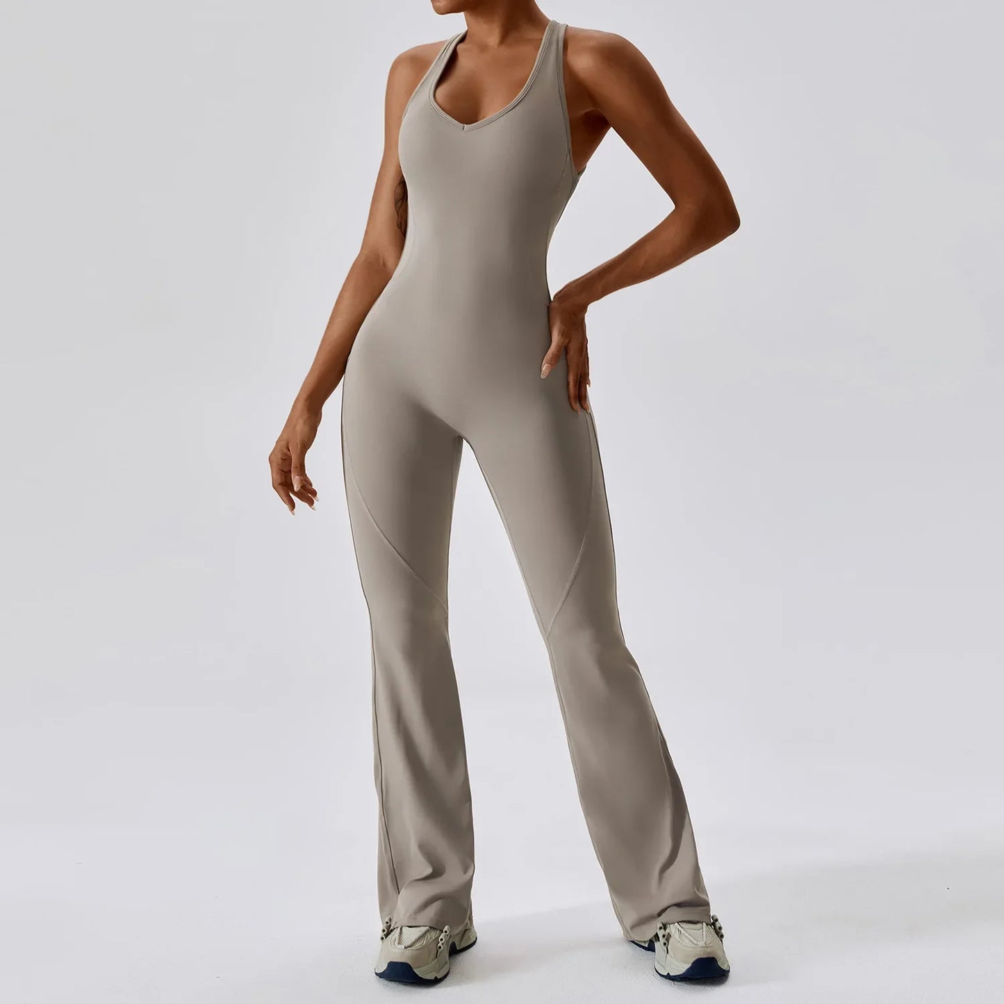 Custom Logo Outdoor Backless High Elastic Fitness Active Yoga Jumpsuit and Rompers One Piece Flared Pants Sets Sports Yoga Wear