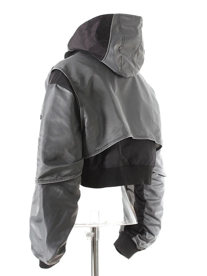 DEAT Fashion Women's Jackets Hooded Zipper Short Contrast Color Drawstring Deconstruction Coat Autumn 2025 New Tide 7AB4742