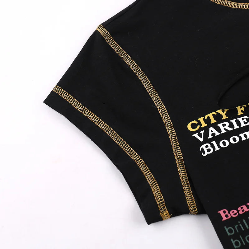 Hollow Out Crop Top Women O-Neck Aesthetic Clothes Letter Printed Y2k Accessories Short Sleeve Roupas Femininas Estilosas Summer