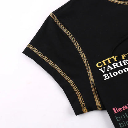 Hollow Out Crop Top Women O-Neck Aesthetic Clothes Letter Printed Y2k Accessories Short Sleeve Roupas Femininas Estilosas Summer