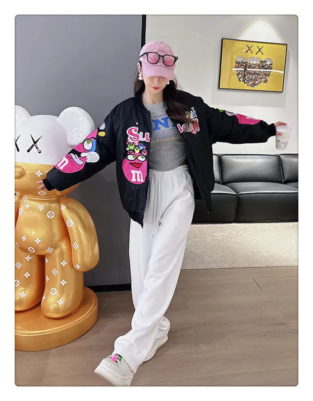 Cross-border Cartoon Embroidery Baseball Jacket For Men Women Casual Loose Fit Hip Hop Top Spring Autumn Letter Couple Jacket