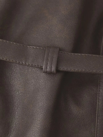 TRAFZA Spring Women Retro Brown PU Jackets Lace-up Single Button Coats Slim Sashes Jacket Fashion 2025 Female Casual Outwears