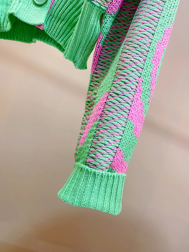 Women Color Block Green Crop Cardigan High Street Long Sleeve Knit Top Sweater Autumn Winter Korean Dongdaemun Fashion Trends