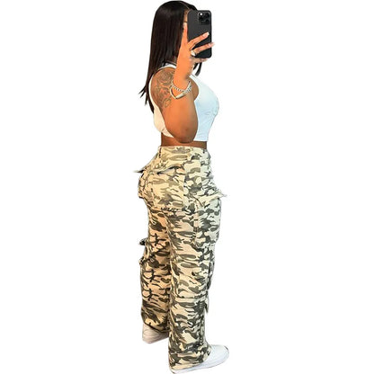 Solid Casual Baggy Cargo Pants for Women Youthful Female Trousers Multi-pocket Fashion Vintage Women's High Waist Wide Pants