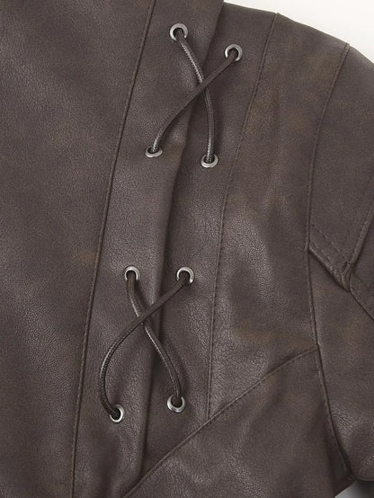 TRAFZA Spring Women Retro Brown PU Jackets Lace-up Single Button Coats Slim Sashes Jacket Fashion 2025 Female Casual Outwears