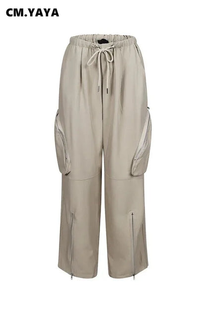 CM.YAYA Women Fashion Zipper Pocket Side Zip Fly Split Hem Wide Leg Safari Style Pants 2025 Drawstring Summer Cargo Trousers