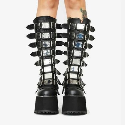 Women Boots Cosplay Ladies High Heel Platform Wedges Women High Boots Gothic Buckle Strap Long Tube Leather Female Boots Plus Si