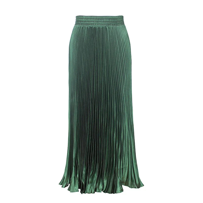 Women's Fashion Pleated Mermaid Long Skirt Korean Style Casual High Waist Satin Flowy Skirts Shiny 19 Colors 2024 Spring SK500