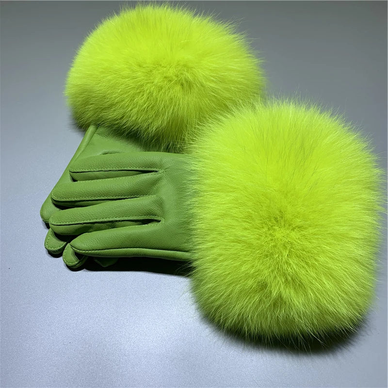 Jxwatcher Wholesale Fox Fur Gloves Winter Female Luxury Style Warm Sheepskin Genuine Leather Gloves Driving Thickening Mitten