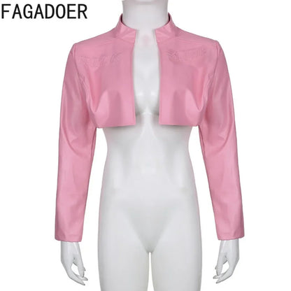 FAGADOER Y2k Punk Gothic Leather Jacket Women Cropped Lapel Letter Embroidery Moto Jackets Coat Short Female Streetwear New