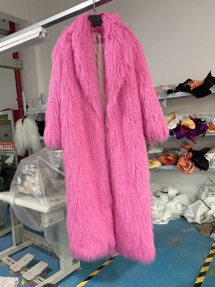 Women Faux Sheep Fur Long Coat Cardigan Thermal Loose Maxi Jackets Plush Coats Female Jacket Autumn Winter Furry Outerwear