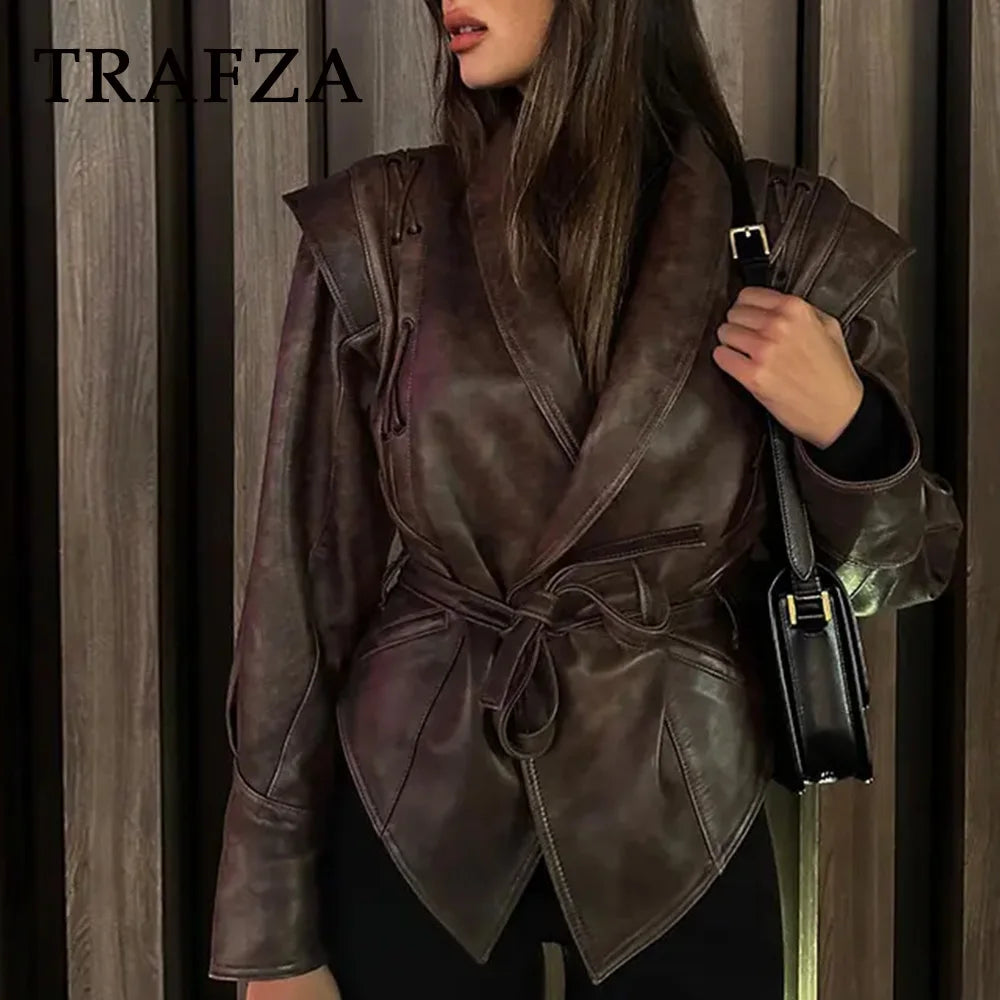 TRAFZA Spring Women Retro Brown PU Jackets Lace-up Single Button Coats Slim Sashes Jacket Fashion 2025 Female Casual Outwears