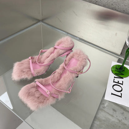 Eilyken 2025 New Brand Plush Fur Fuzzy Sandals Women Thin Heels Fashion Square Toe Ankle Lace Up Buckle Strap Slides Shoes