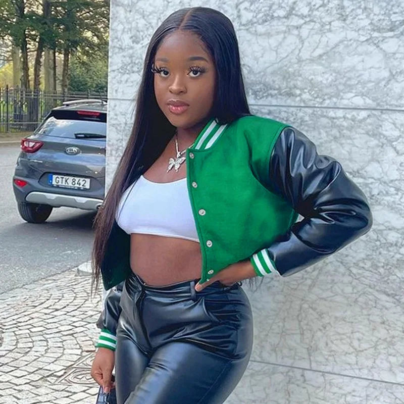 Women Crop Vintage Varsity Jacket Faux Leather Patchwork Long Sleeve Button Down Bomber Jackets Casual Baseball Jersey Jackets