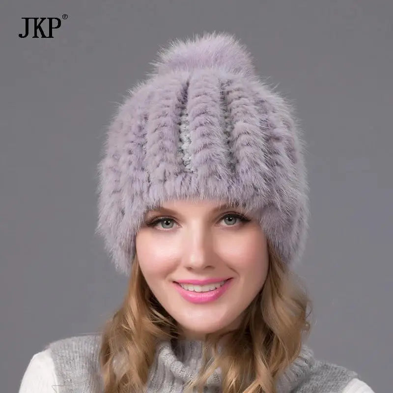 2024 New Genuine Mink Fur Hat Fashion Winter Warm Ball Caps With Copious Female Beanie Knit Cap and Liner 6 Colors BZ-11