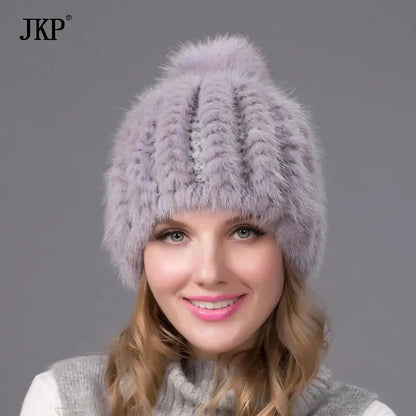 2024 New Genuine Mink Fur Hat Fashion Winter Warm Ball Caps With Copious Female Beanie Knit Cap and Liner 6 Colors BZ-11