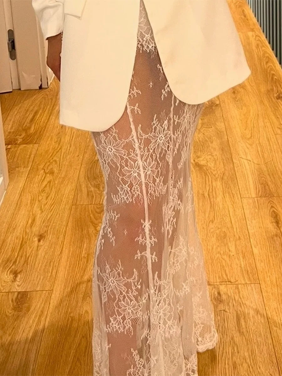 Women's Summer Sheer Lace Skirt Trendy Long Cocktail Skirt for Bar, Beach, Party