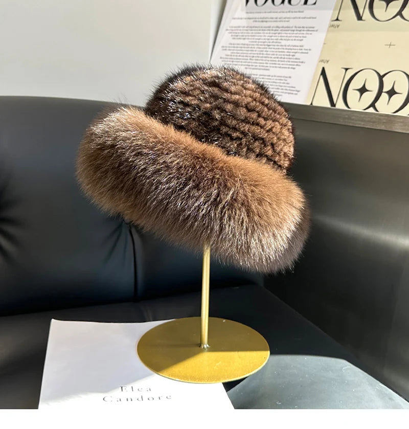 New Genuine Real Natural Knitted Mink Fur Hat Cap Luxury Women Handmade Knit Fashion Winter Headwear Warm Real Fox Fur Beanies