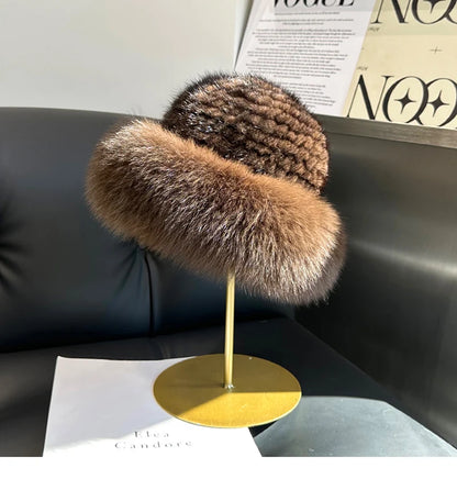 New Genuine Real Natural Knitted Mink Fur Hat Cap Luxury Women Handmade Knit Fashion Winter Headwear Warm Real Fox Fur Beanies