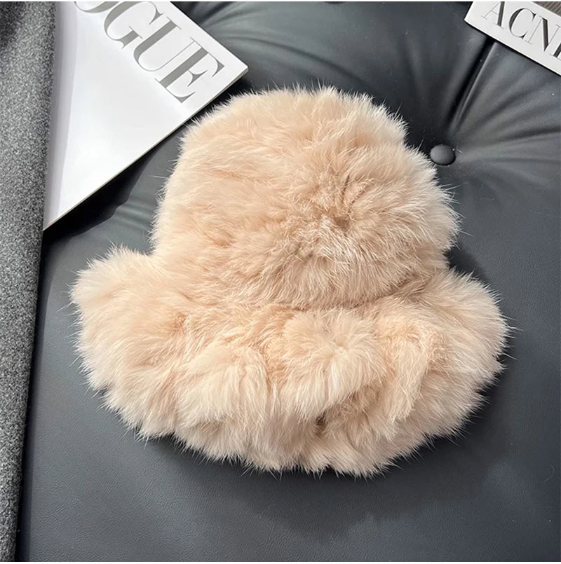 New Real Rabbit Fur Fisherman's Hat For Women Winter Warm Rabbit Fur Caps Soft Natural Rabbit Fur Hats Female Fashion Fur Cap