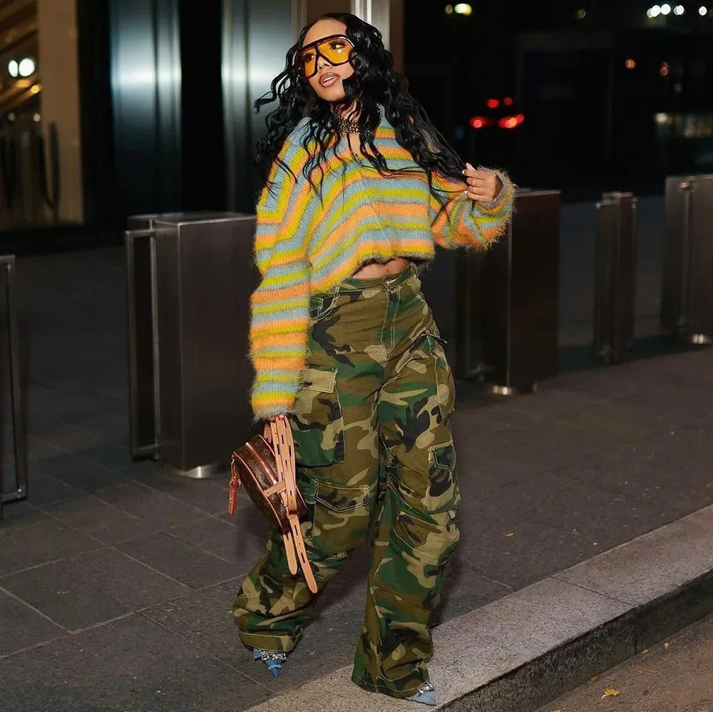 Solid Casual Baggy Cargo Pants for Women Youthful Female Trousers Multi-pocket Fashion Vintage Women's High Waist Wide Pants