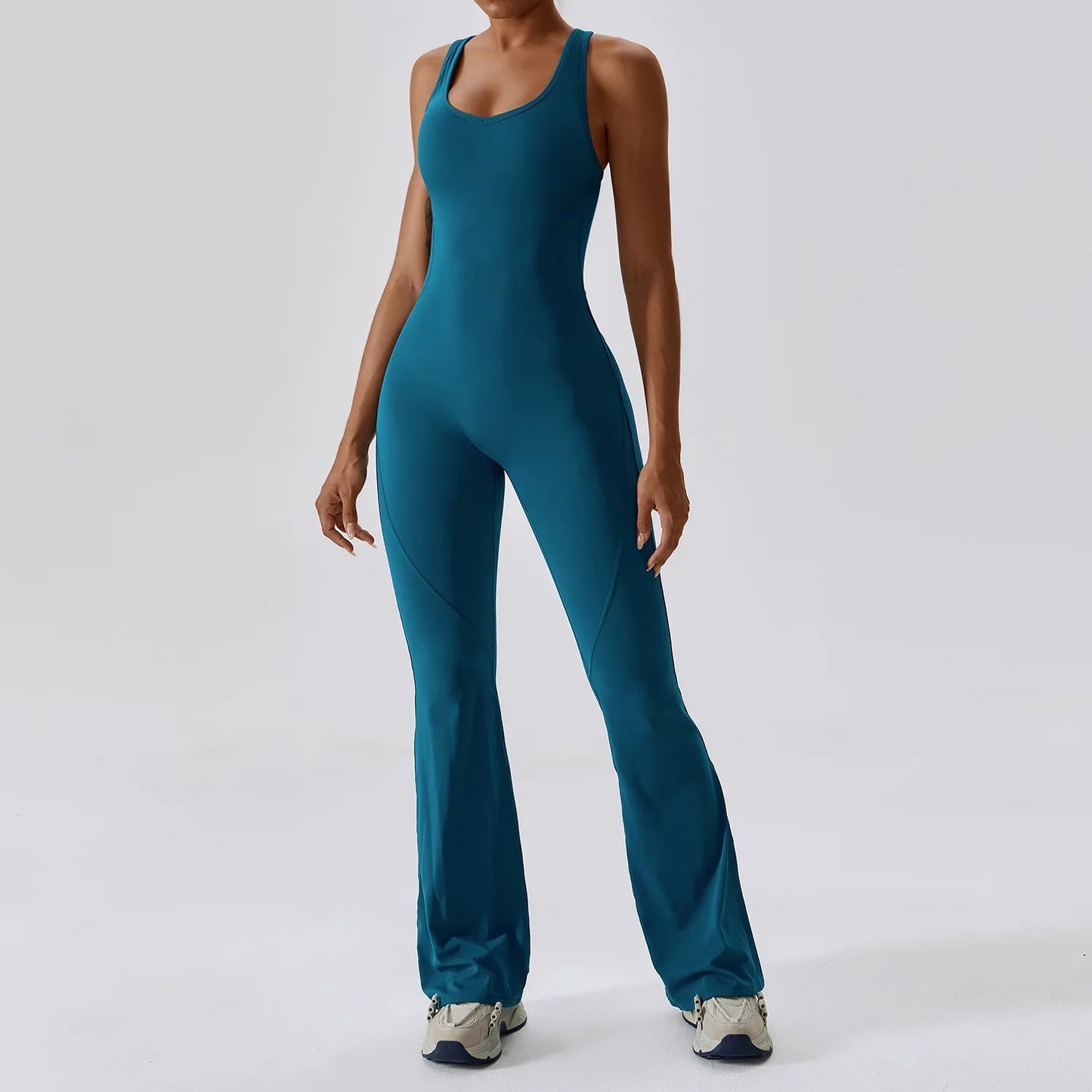 Custom Logo Outdoor Backless High Elastic Fitness Active Yoga Jumpsuit and Rompers One Piece Flared Pants Sets Sports Yoga Wear