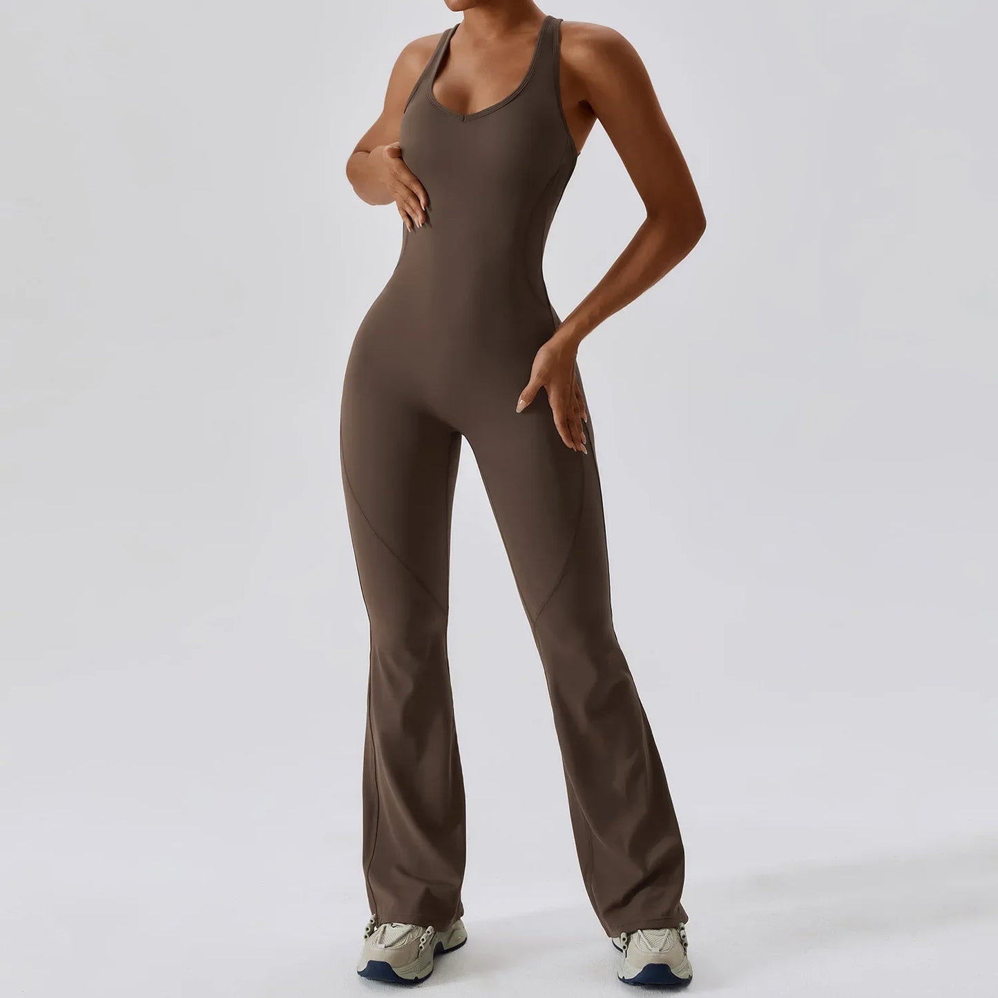 Custom Logo Outdoor Backless High Elastic Fitness Active Yoga Jumpsuit and Rompers One Piece Flared Pants Sets Sports Yoga Wear