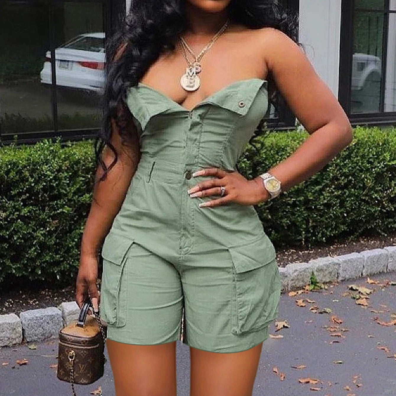 FAGADOER Fashion Cargo Pocket Patchwork Denim Romper Women Button Backless Sleeveless Jumpsuit Female Streetwear Overalls 2025