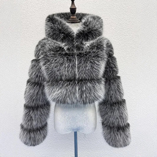S-6XL Women Coat Autumn Winter Short Hooded Faux Fox Fur Coat Thick Warm Outerwear Fake Fur Woman Jackets Ladies Furry Coats
