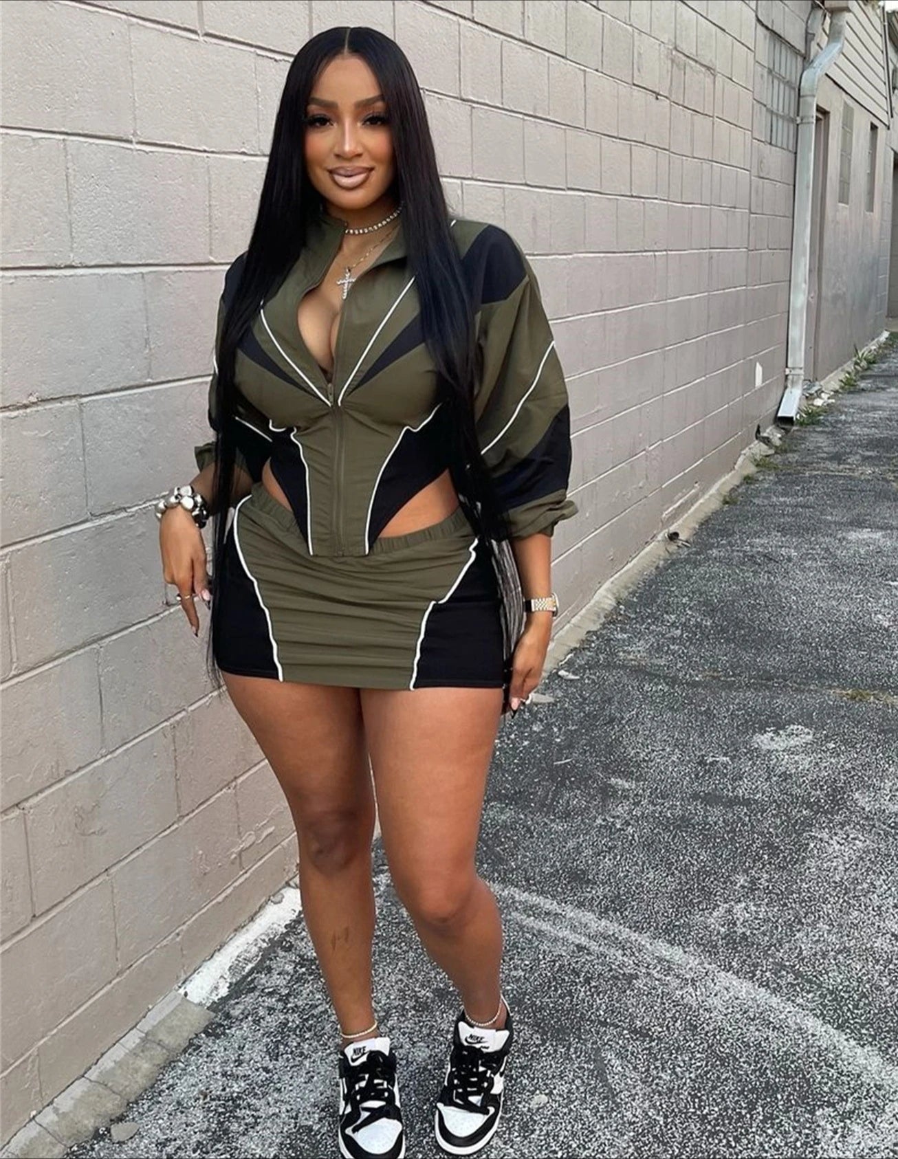 FLARORA Fashion Patchwork 2Pcs Sets Woman Long Sleeve Zipper Irregular Crop Jacket And Skinny Mini Skirts Streetwear Outfits New