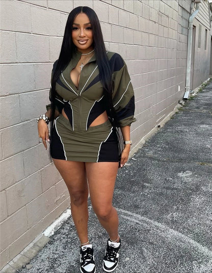 FLARORA Fashion Patchwork 2Pcs Sets Woman Long Sleeve Zipper Irregular Crop Jacket And Skinny Mini Skirts Streetwear Outfits New