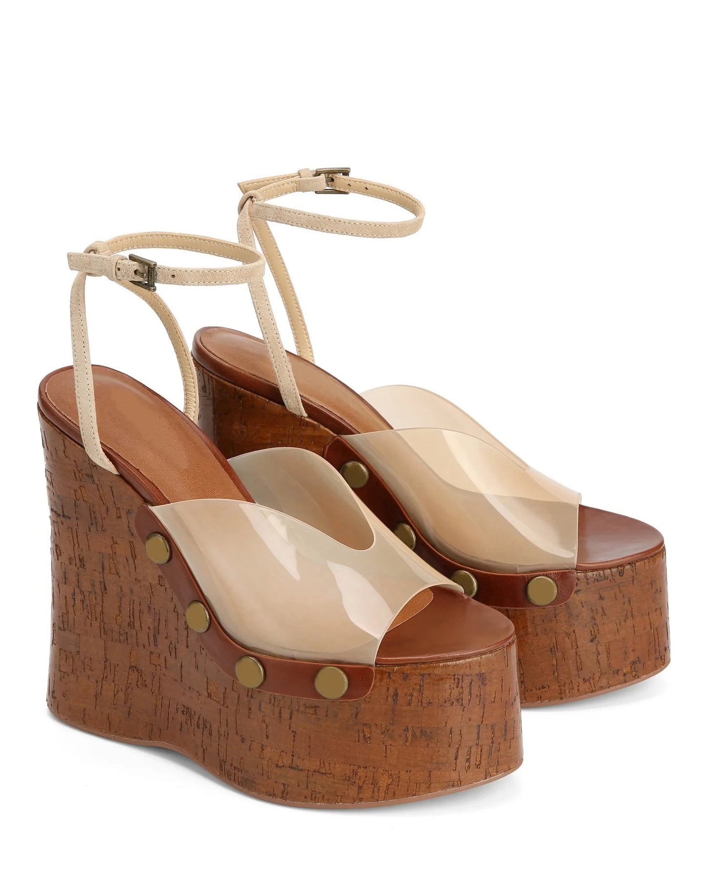 Large Rivets Embedded PVC Strap Women’s Sandals Peep Toe Wedges Super High Heels Tall Platform Sandales à Talons Heighten Shoes