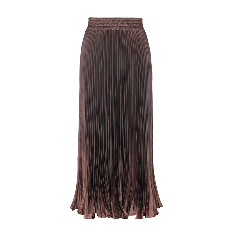 Women's Fashion Pleated Mermaid Long Skirt Korean Style Casual High Waist Satin Flowy Skirts Shiny 19 Colors 2024 Spring SK500