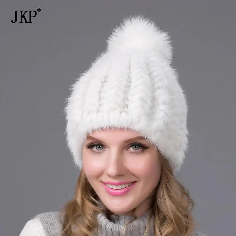 2024 New Genuine Mink Fur Hat Fashion Winter Warm Ball Caps With Copious Female Beanie Knit Cap and Liner 6 Colors BZ-11