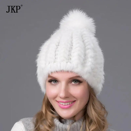 2024 New Genuine Mink Fur Hat Fashion Winter Warm Ball Caps With Copious Female Beanie Knit Cap and Liner 6 Colors BZ-11