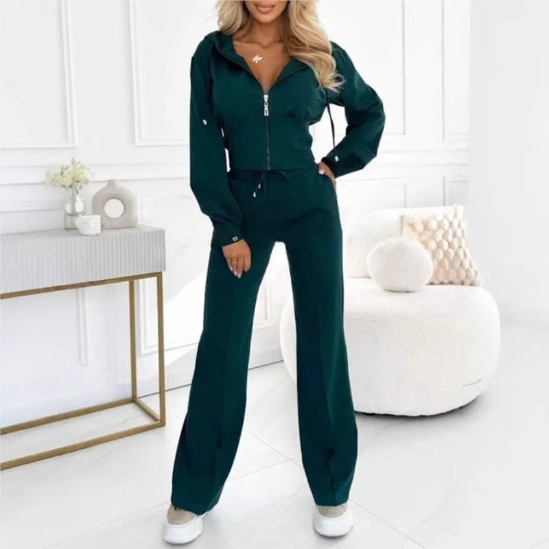 Autumn Casual Solid Sportswear Women Set Fashion Zipper Hooded Sweatshirts Coat & Lace-up Pants Tracksuit New Winter Suit Outfit