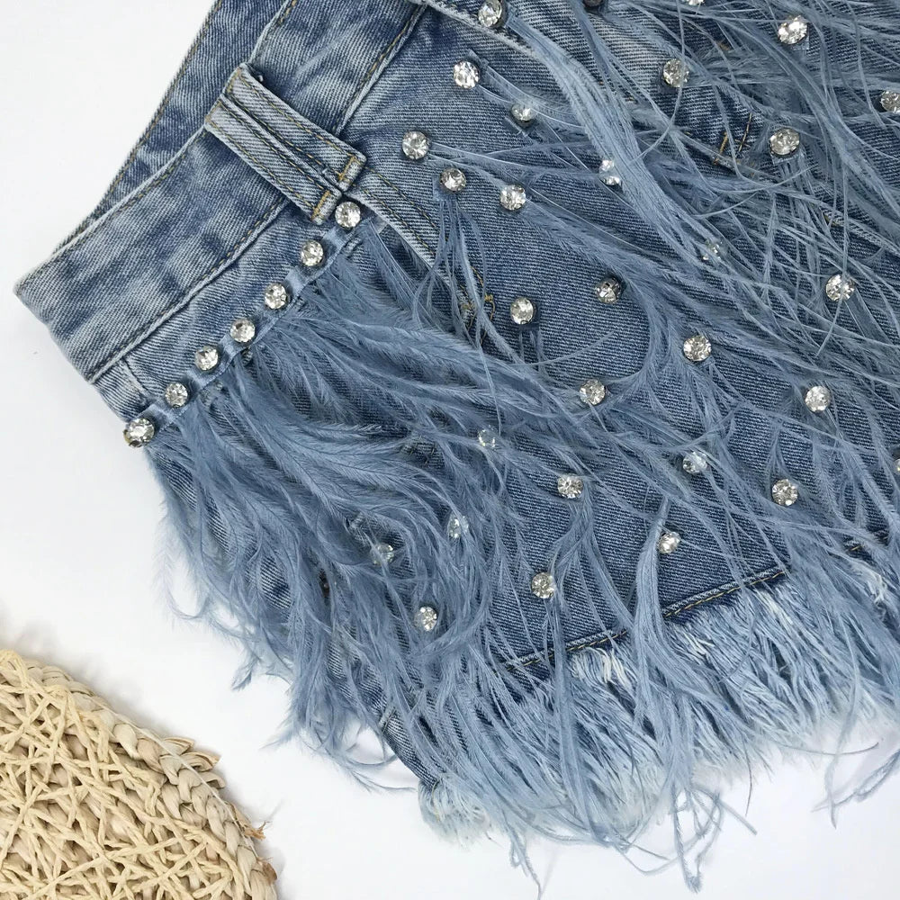 Rhinestone Beaded Exquisite Feather High Waist Denim for Women's Blue Jeans Shorts DS Nightclub Sexy Hot Pants Fashion
