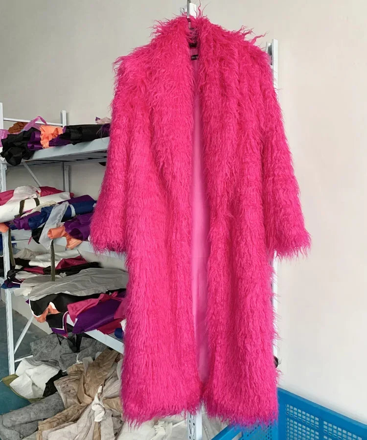 Women Faux Sheep Fur Long Coat Cardigan Thermal Loose Maxi Jackets Plush Coats Female Jacket Autumn Winter Furry Outerwear
