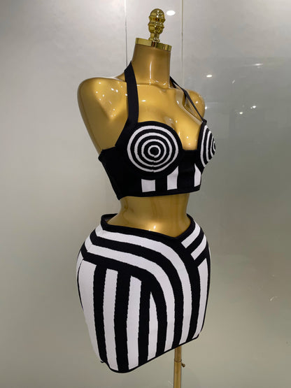 2025 New Women Celebrity Sexy Jacquard Black White Two Piece Bodycon Striped Bandage Skirt Set Designer Evening Party Dress