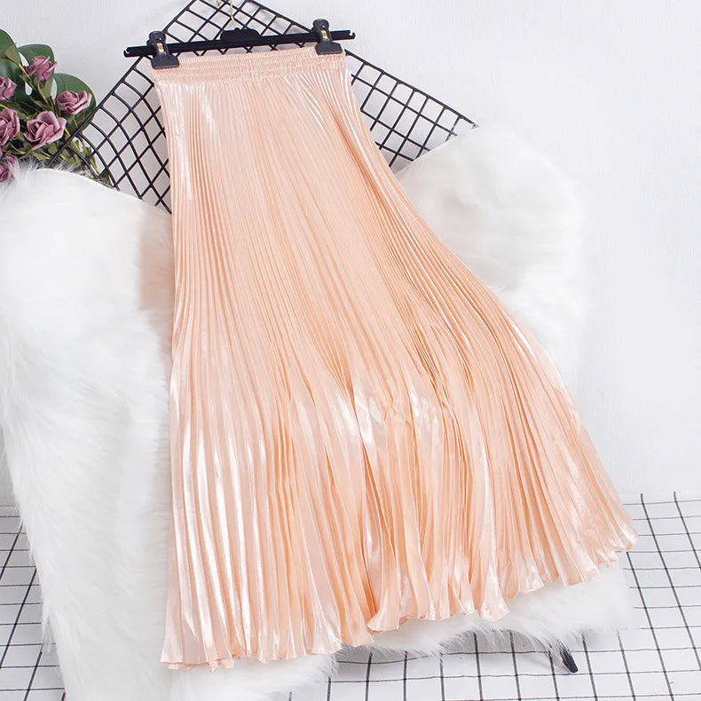 Women's Fashion Pleated Mermaid Long Skirt Korean Style Casual High Waist Satin Flowy Skirts Shiny 19 Colors 2024 Spring SK500