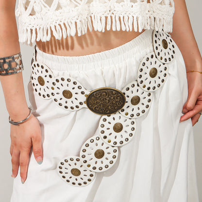 New rivet round piece ethnic style belt for women vintage with skirt pants waist cover Boho style patchwork belt