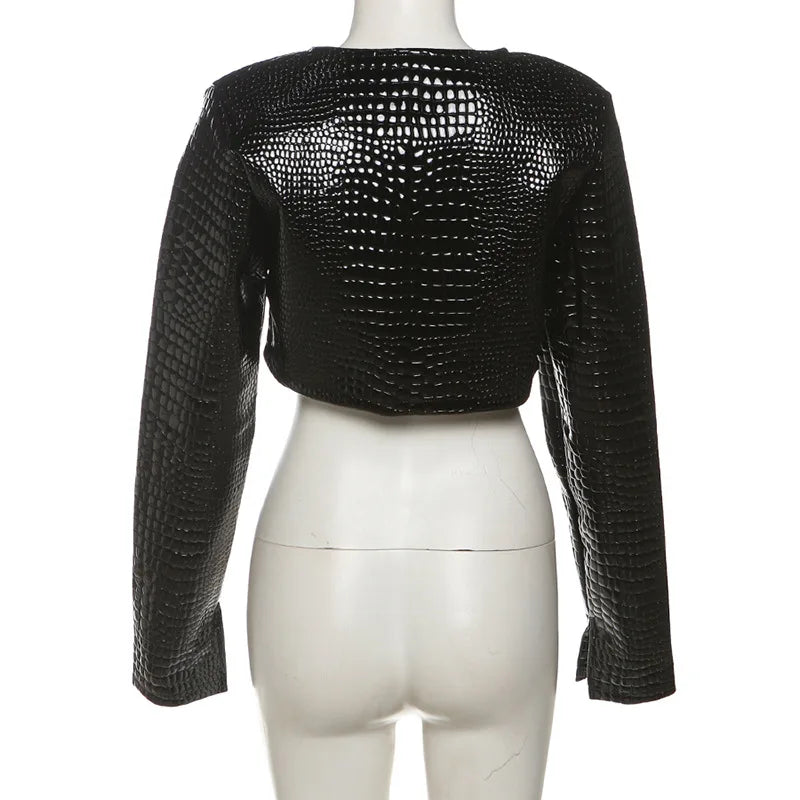 Women O Neck Long Sleeve PU Faux Leather Cropped Jackets Punk Grunge Casual Coats 2024 Spring Fall Harajuku Y2K Clothes