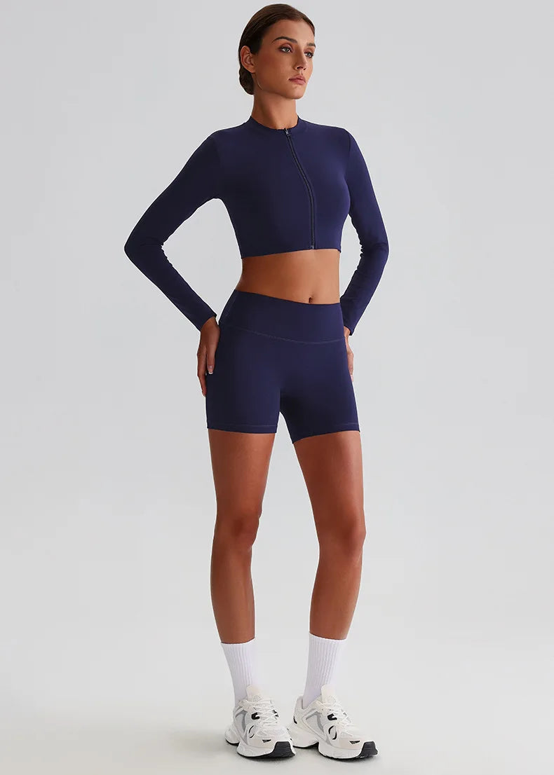 Customized LOGO Women's Skin-friendly Sports Yoga Clothing Slim Elastic Jacket Fitness Shorts Long Sleeve Two-piece Set