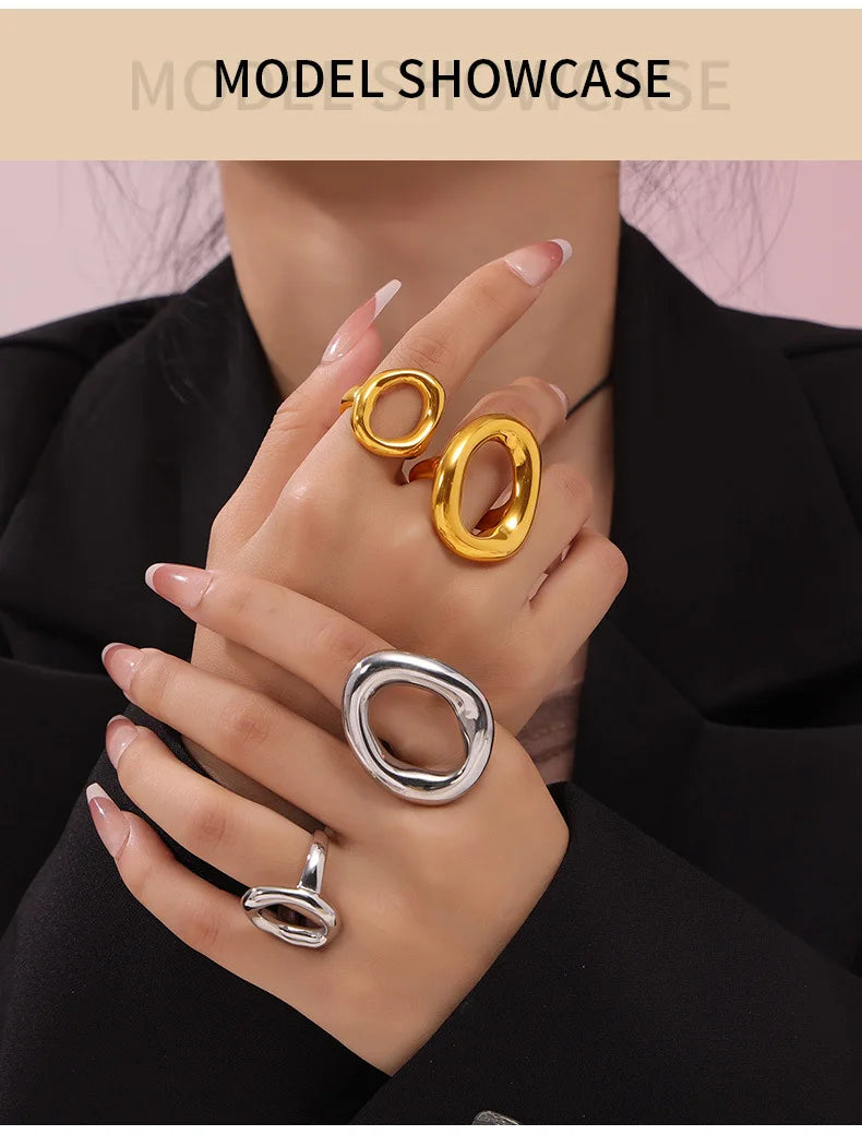 Fashion Minimalist Large Rings For Women Stainless Steel Gold Plated Waterproof Hip-hop Women's Finger Ring Aesthetic Jewelry
