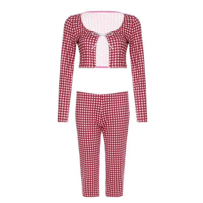 2025 New Women Red Plaid Print 2 Piece Set O-neck Full Sleeve Lace Up Cardigan Crop Tops + Knee Length Pencil Pants Casual Suit