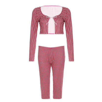 2025 New Women Red Plaid Print 2 Piece Set O-neck Full Sleeve Lace Up Cardigan Crop Tops + Knee Length Pencil Pants Casual Suit