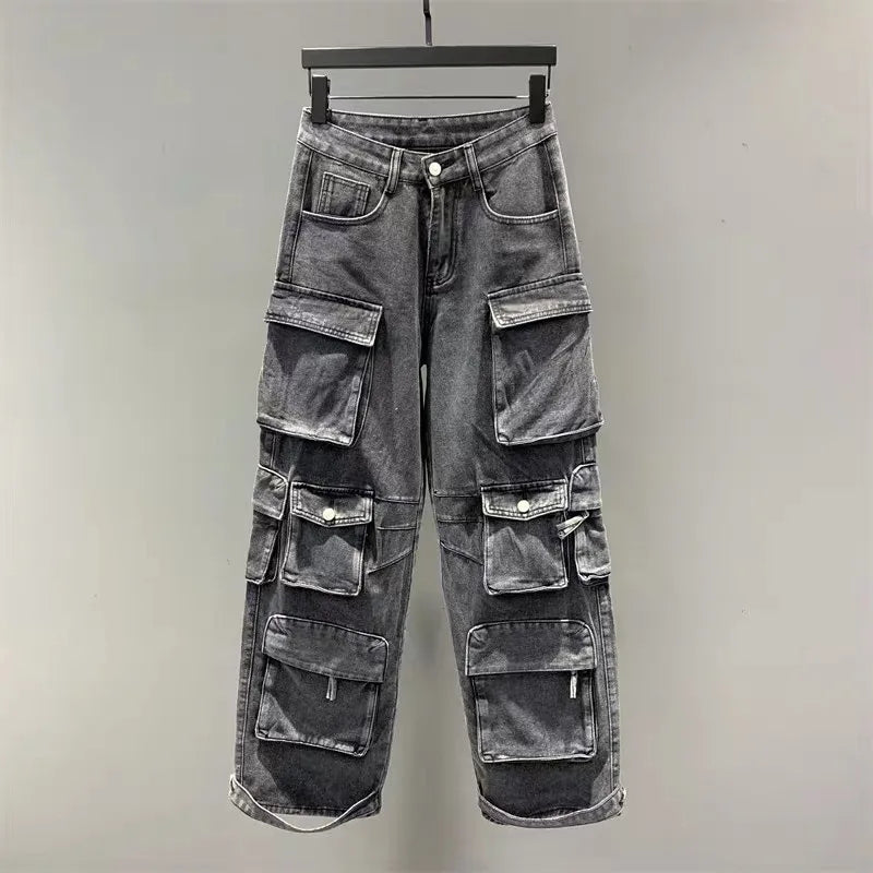 Joskaa Fashion Y2k Pockets Cargo Jeans Women Hipster High Waisted Straight Pants Fall 2023 Casual Denim Trousers Streetwear