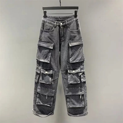 Joskaa Fashion Y2k Pockets Cargo Jeans Women Hipster High Waisted Straight Pants Fall 2023 Casual Denim Trousers Streetwear
