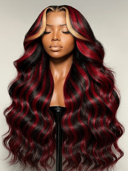 1B/27/Red With Black Blonde Highlight Wig 30 Inch 5x5 Glueless Body Wave Colored Wear And Go Wigs 180 Density Human Hair Wigs