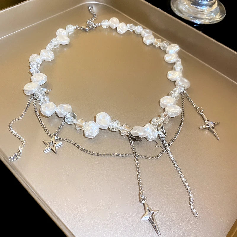 Silver Color Hollow Star Choker Necklaces For Women Long Tassel Rhinestone Imitation Pearl Chain Necklaces Statements Jewelry